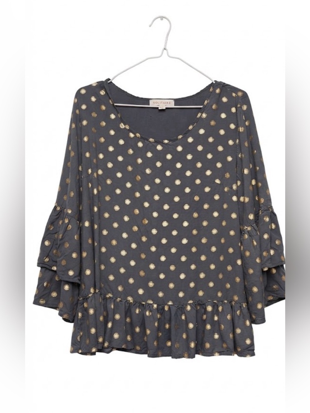 _Solide London Polka Dot Ruffle Hem Blouse in Gray & Gold